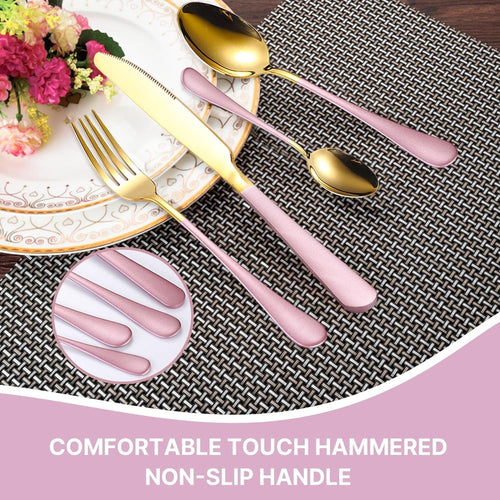 24 Pieces Flatware Set, Stainless Steel Flatware Set with Silverware Holder Spoons Forks Knives, Utensils Set Service for 6, Gold Mirror Polished and Matte Pink Painted EasyOptionXY LLC