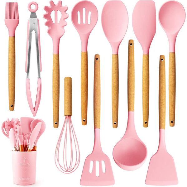 Silicone Kitchen Utensil Set, 11 Pieces Cooking Utensil with Wooden Handles, Utensil Holder for Nonstick Cookware, Spoon, Soup Ladle, Slotted Turner, Whisk, Tongs, Brush, Pasta Server EasyOptionXY LLC