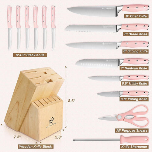 Kitchen Knife Set, 15 Pieces High Carbon Stainless Steel Knife Block Set with Wood Block, Cutlery Block Knife Set, Forged Triple Rivet, Razor-Sharp Blade Ergonomic Handle, Dishwasher Safe EasyOptionXY LLC