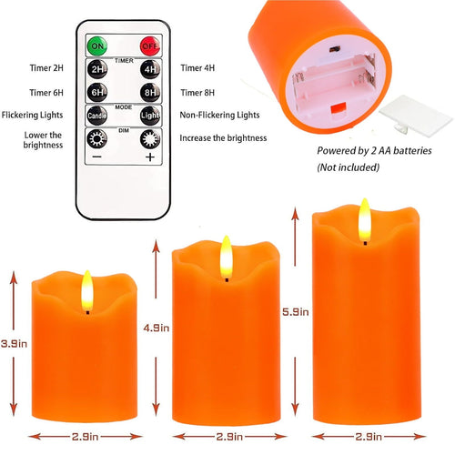 Flameless Candles Lights, Set of 3 Orange Flickering LED Candles with Remote & Timer, Dimmable LED Pillar Candles Battery Operated, Electric Candles for Fall Halloween Thanksgiving Decor EasyOptionXY LLC