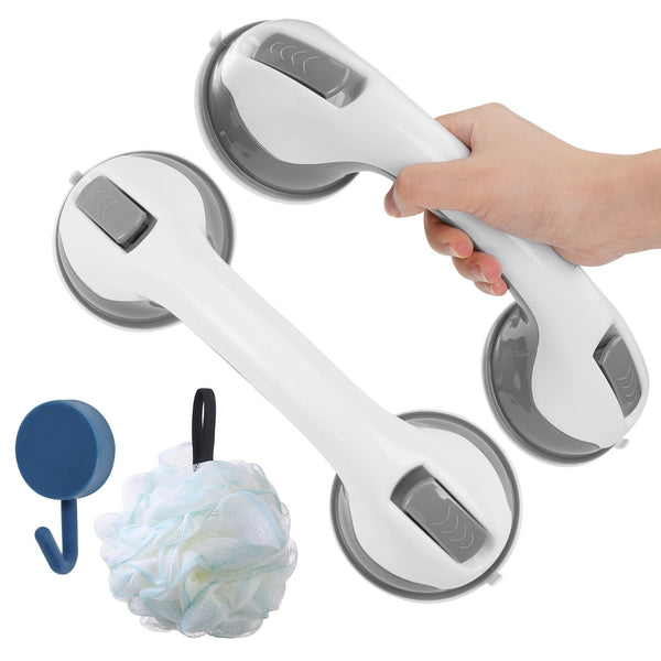 KEKOY 2 Pack Shower Handles for Elderly, Grab Bars for Bathroom, 12" Suction Bath Tub Hand Rail, Anti-Slip Safety Bar with Shower Pouf and Hook EasyOptionXY LLC