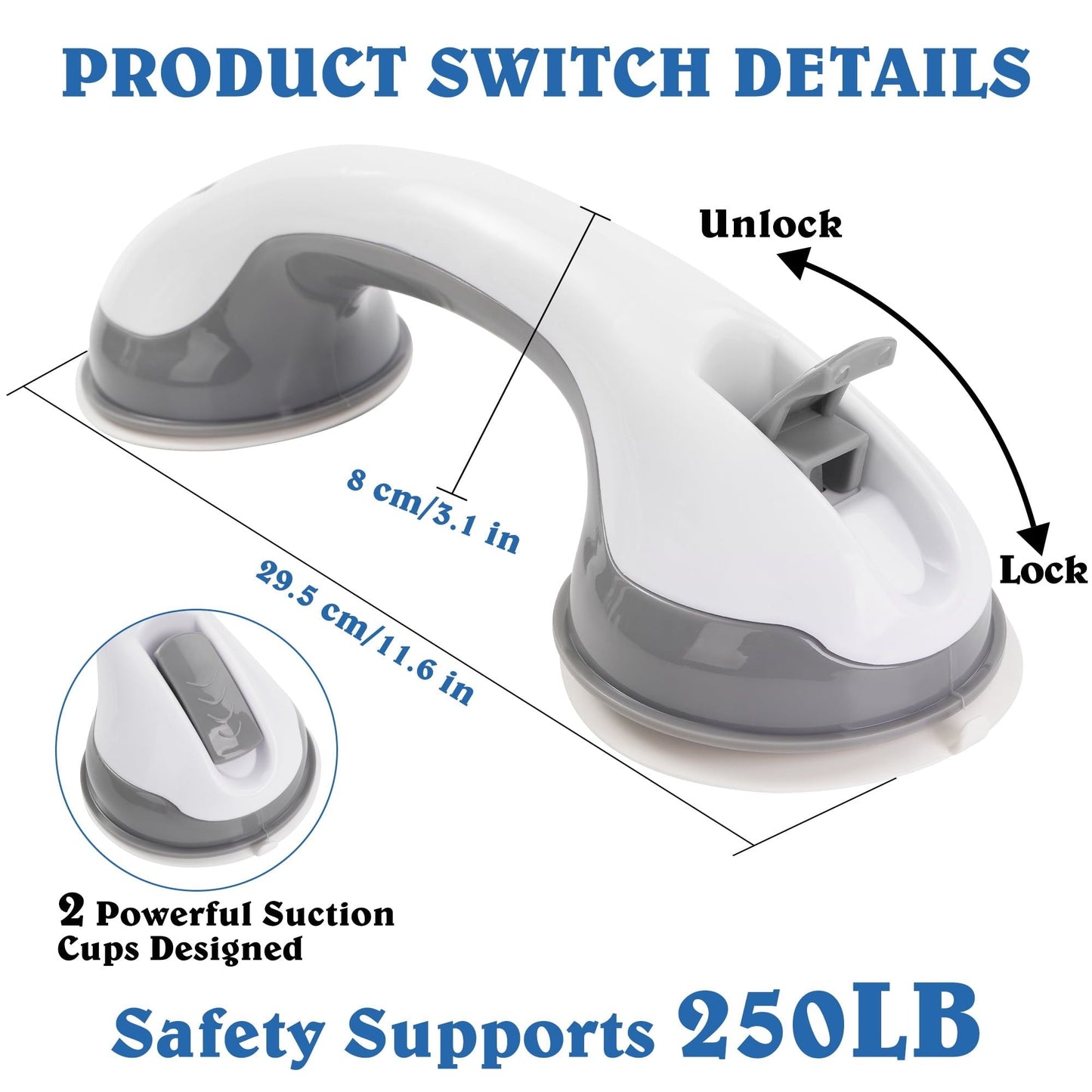 KEKOY 2 Pack Shower Handles for Elderly, Grab Bars for Bathroom, 12" Suction Bath Tub Hand Rail, Anti-Slip Safety Bar with Shower Pouf and Hook