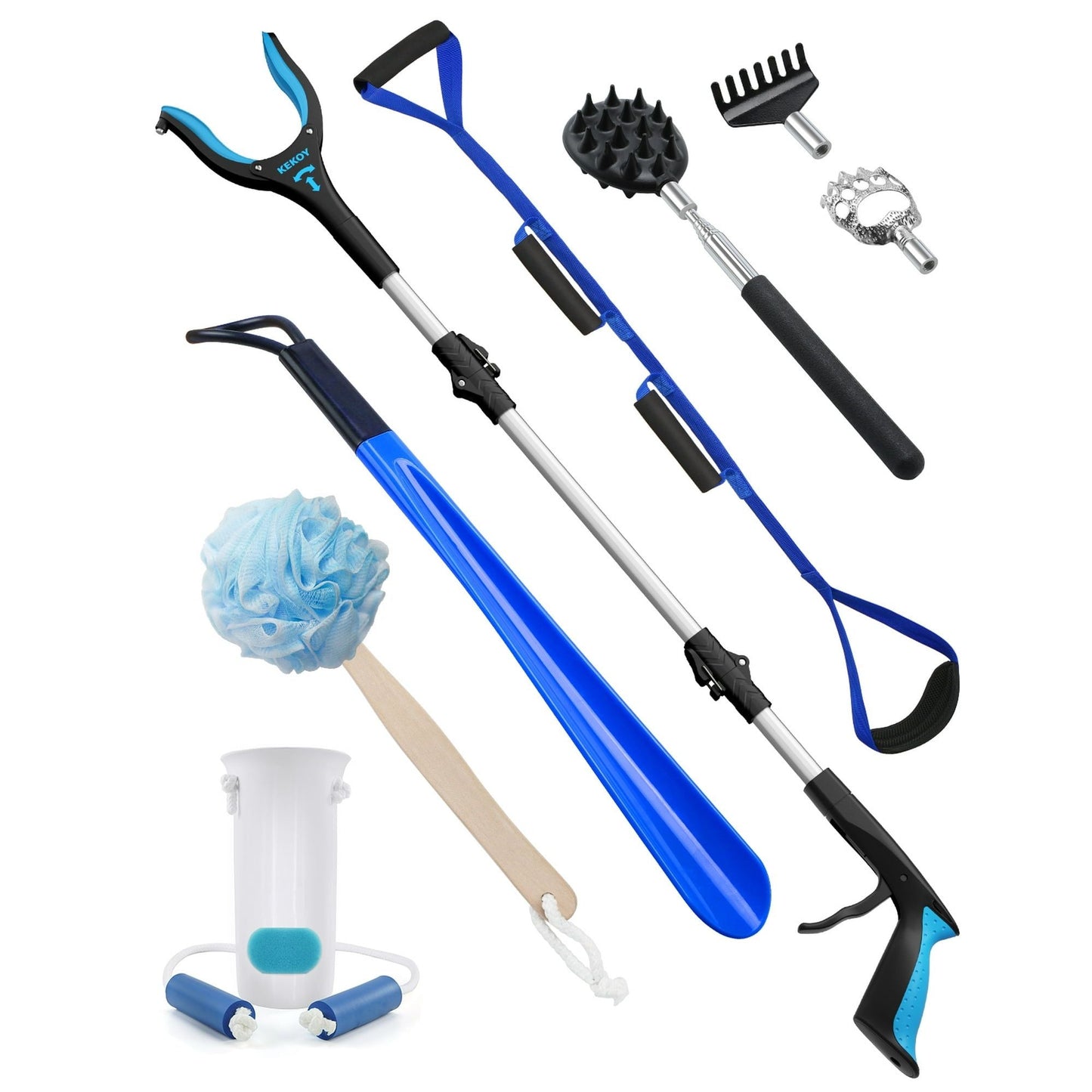 KEKOY 8 Pcs Hip and Knee Replacement Kit, Hip Kit for Hip Surgery with 36" Reacher Grabber, Sock Aid, 42" Leg Lifter, Long Shoe Horn, Body Scrubber, Back Scratcher, Daily Living Aids for Mobility EasyOptionXY LLC