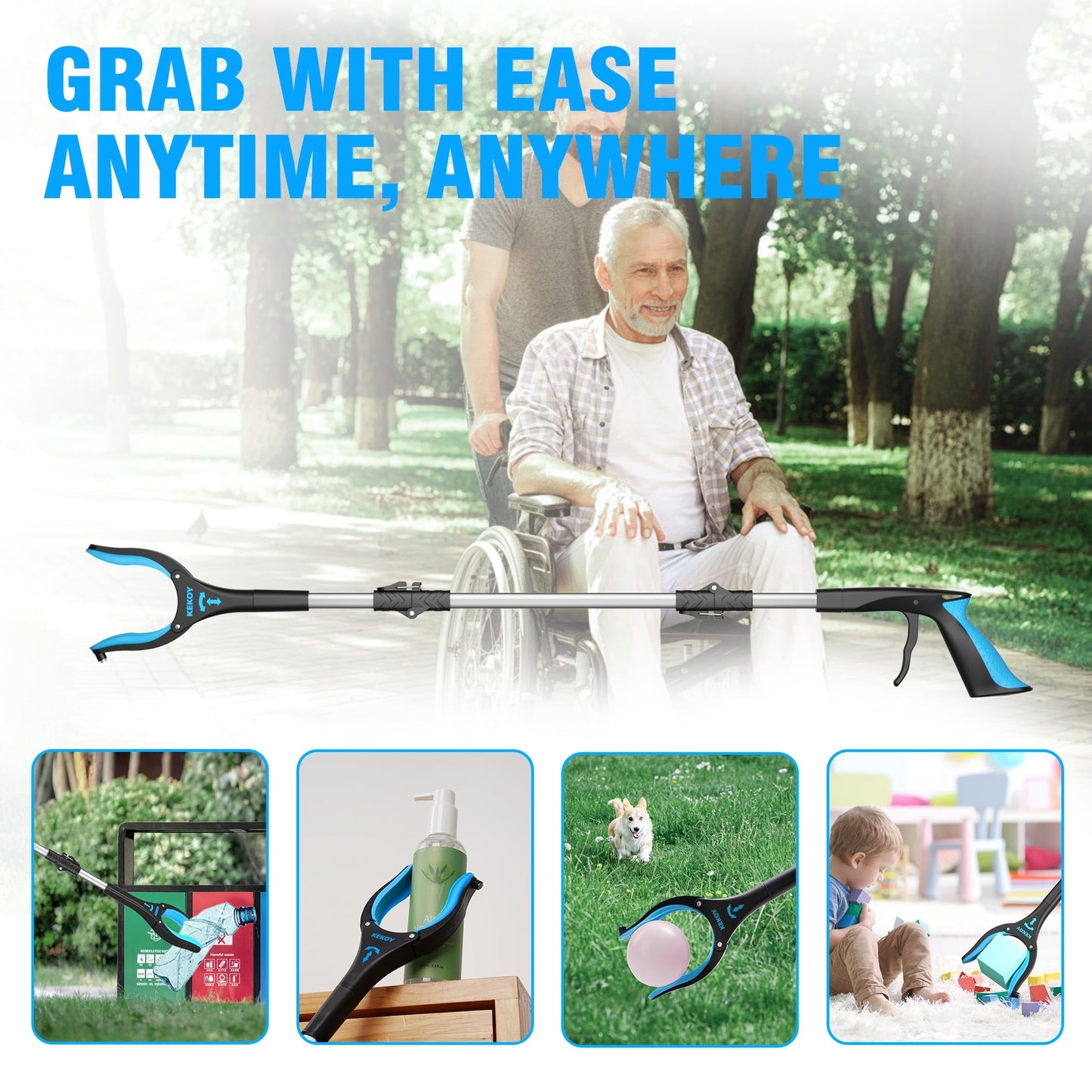 36" Extra Long Reacher Grabber Tool, Kekoy Foldable Trash Grabber Reaching Aid Pick up Tool Blue EasyOptionXY LLC