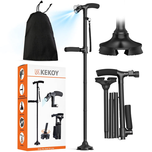 Kekoy Walking Cane, Canes for Men Women With Led Light, Foldable Adjustable Cane for Seniors Stability, 360 Pivoting Base Quad Cane with 2nd Handle and Carrying Bag EasyOptionXY LLC