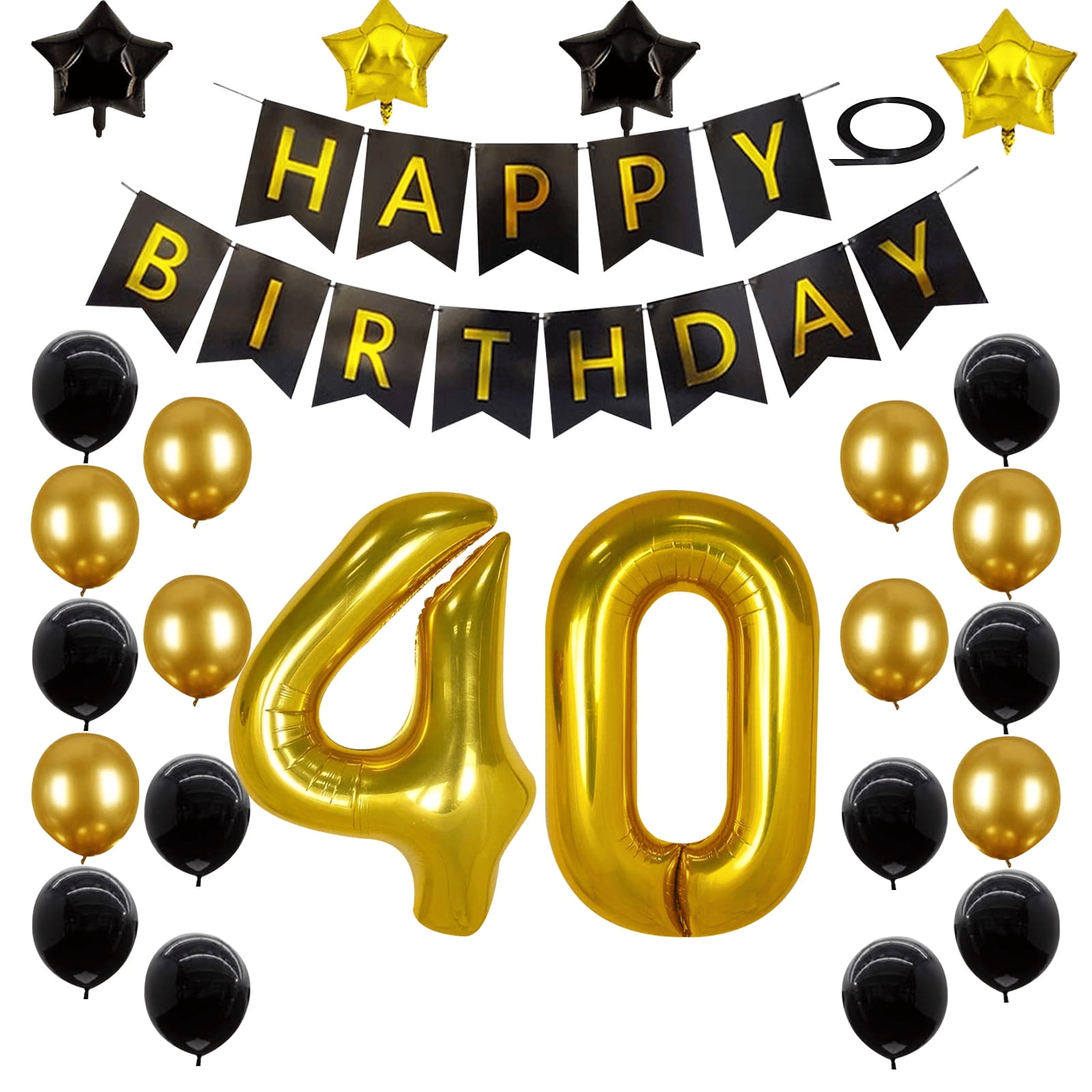 40th Birthday Decorations Kit, Large Number 40 Balloons, Black and Gold Happy Birthday Banner with Latex and Star Balloons, 40 Birthday Balloons Set Party Supplies, 24 Pack EasyOptionXY LLC