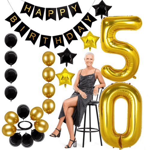 50th Birthday Decorations Kit, Large Number 50 Balloons, Black and Gold Happy Birthday Banner with Latex and Star Balloons, 50 Birthday Balloons Set Party Supplies, 24 Pack EasyOptionXY LLC