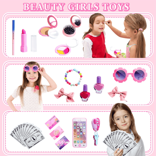 Pretend Play Girl Toys for 3 4 5 6 7 8 Years Old, Toddler Play Purse Set with Handbag, Makeup Kit, Wallet Phones Sunglasses Keys Credit Cards, Kids Toy Purse Gifts, 31 Pieces EasyOptionXY LLC