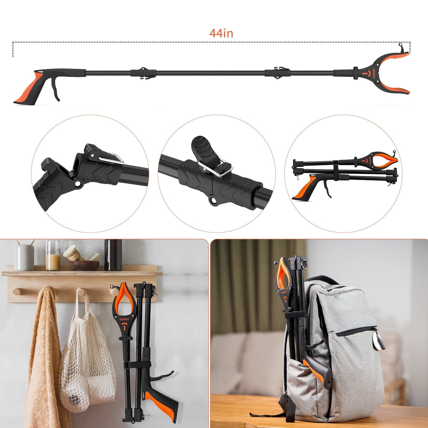 44" 2 Pack Extra Long Grabber Reacher Tool Foldable Pick Up Stick with Light, Hand Grabber for Reaching EasyOptionXY LLC