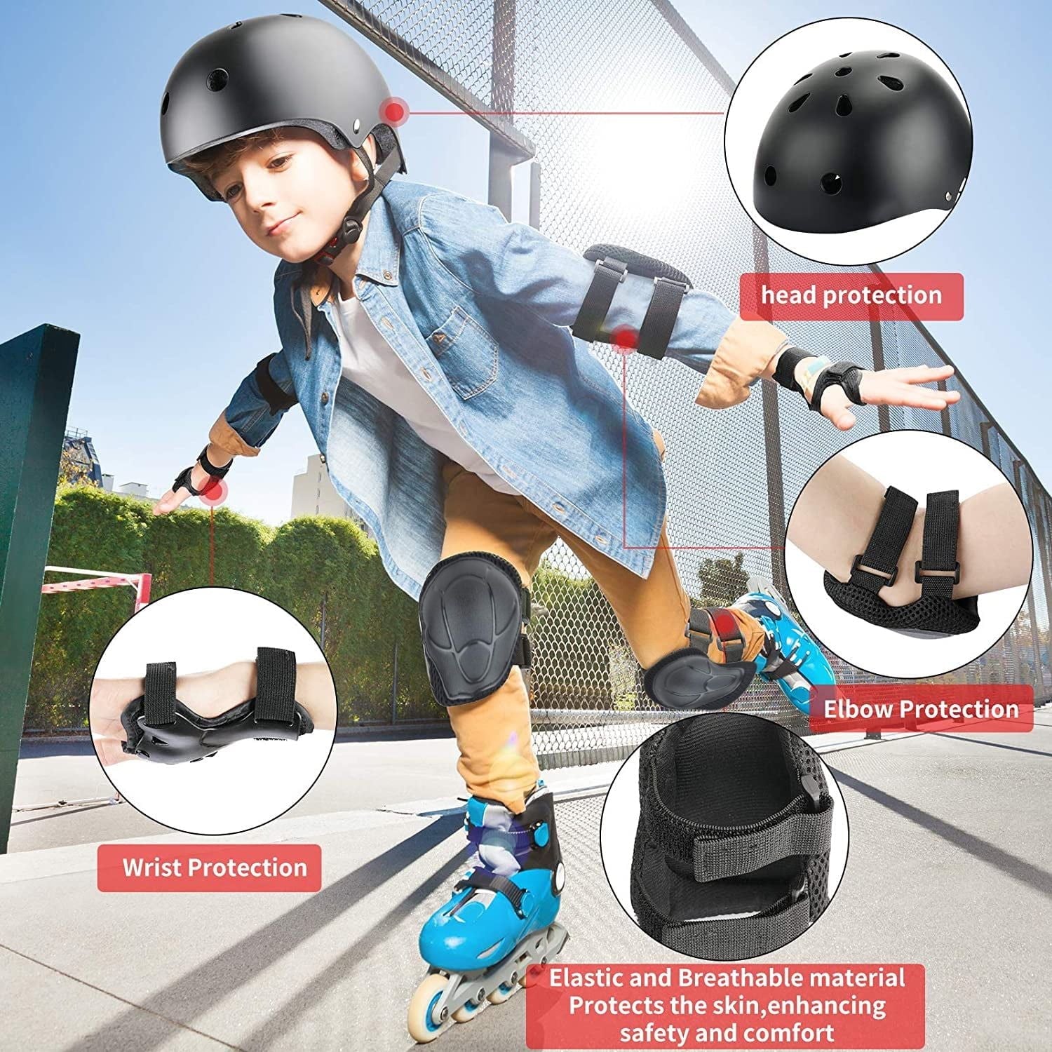 Adjustable Kids Helmet Set, Protective Gear Set with Knee Pads and Elbow Wrist Guards for 3~10yrs Girls Boys Bike Roller Skating Cycling Scooter, Black EasyOptionXY LLC