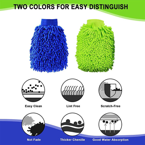 Car Wash Mitt 2 Pack, Microfiber Wash Mitt for Car Cleaning Mitts Tools, Chenille Scratch-Free Car Washing Gloves Waterproof Car Wash Kit Accessories (Blue + Green) EasyOptionXY LLC