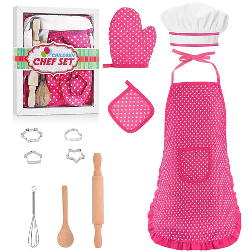 11 Pcs Kids Aprons for Girls Boys, Kids Cooking and Baking Sets, Chef Hat Apron Pretend Play Costume Set for Toddlers Age 3-8, Pink EasyOptionXY LLC