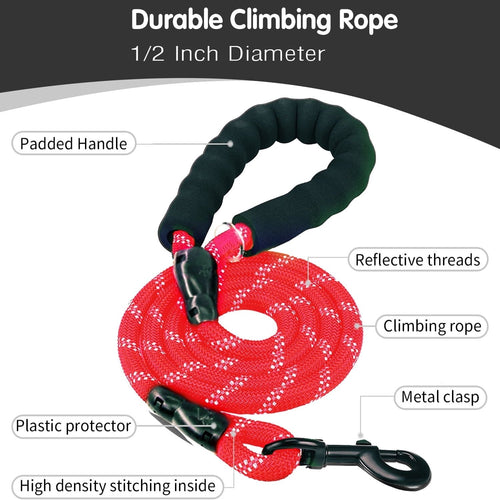 Rope Dog Leash, Heavy Duty Dog Leash with Comfortable Padded Handle and Highly Reflective Threads for Small Medium and Large Dogs, Red EasyOptionXY LLC