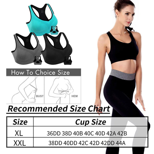 3 Pack Racerback Sports Bras for Women, High Impact Bra with Pad for Yoga Gym Workout Fitness, XXL Size (Blue, Black, Gray) EasyOptionXY LLC
