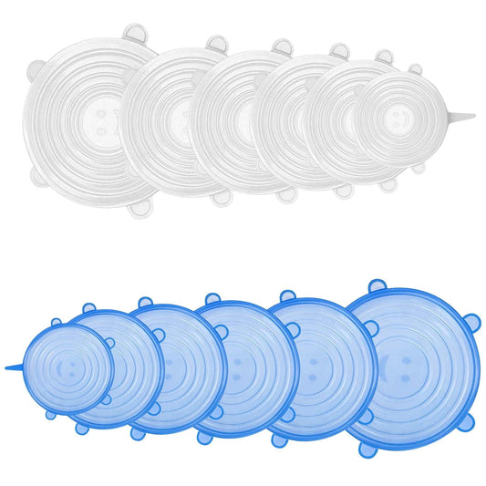 12 Pack Silicone Stretch Lids, Reusable Food Container Cover Seal with 6 Different Size, Round Storage Covers for Bowls, Mugs, Jars, Pots, Cans (Blue+Clear) EasyOptionXY LLC