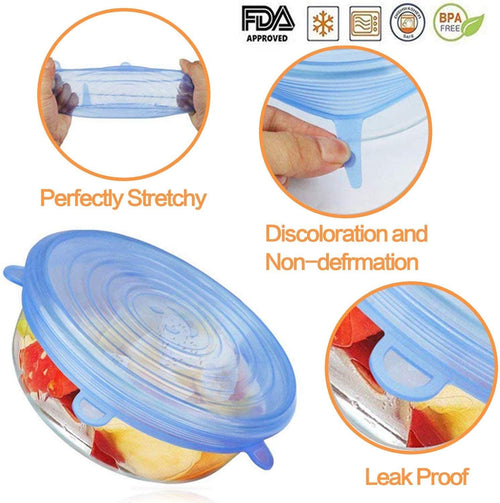 12 Pack Silicone Stretch Lids, Reusable Food Container Cover Seal with 6 Different Size, Round Storage Covers for Bowls, Mugs, Jars, Pots, Cans (Blue+Clear) EasyOptionXY LLC