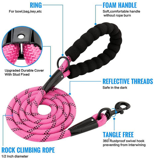Rope Dog Leash, Heavy Duty Dog Leash with Comfortable Padded Handle and Highly Reflective Threads for Small Medium and Large Dogs, Pink EasyOptionXY LLC