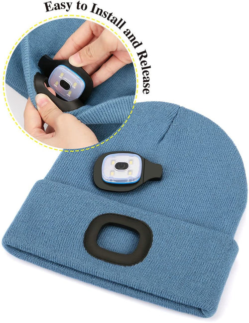 LED Beanie Hat with Light, Unisex USB Rechargeable 4 LED Headlamp Cap, Winter Knitted Headlight, Men Gifts for Dad Husband (Blue) EasyOptionXY LLC