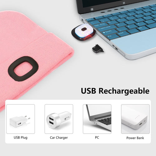 LED Beanie Hat with Light, Unisex USB Rechargeable Hands Free 4 LED Headlamp Cap, Winter Knitted Headlight, Men Gifts for Dad Husband (Pink) EasyOptionXY LLC