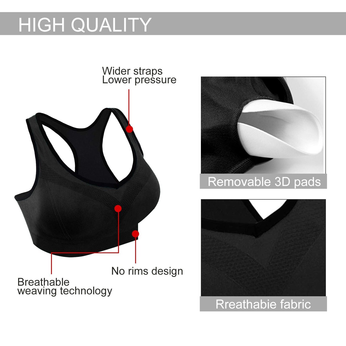 3 Pack Racerback Sports Bras for Women, Seamless High Impact Bra with Pad for Yoga Gym Fitness Workout, XL Size (Black) EasyOptionXY LLC