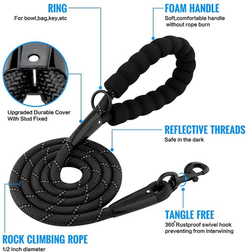 Rope Dog Leash, Heavy Duty Dog Leash with Comfortable Padded Handle and Highly Reflective Threads for Small Medium and Large Dogs, Black EasyOptionXY LLC