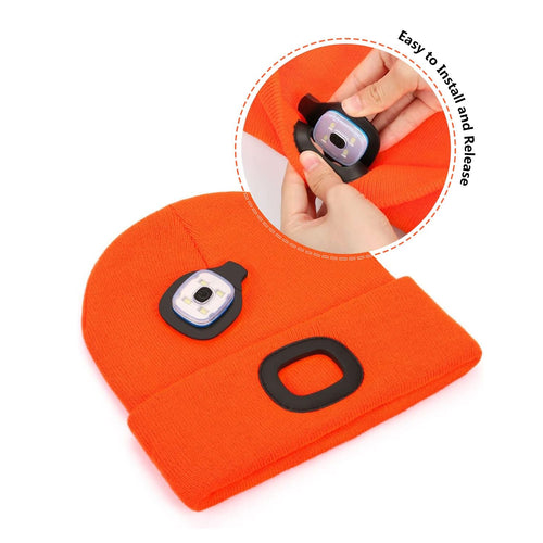 LED Beanie Hat with Light, Unisex USB Rechargeable Hands Free 4 LED Headlamp Cap, Winter Knitted Headlight, Men Gifts for Dad Husband (Orange) EasyOptionXY LLC