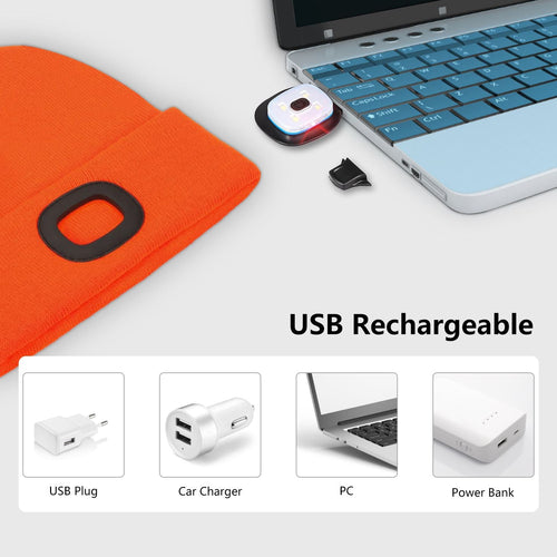 LED Beanie Hat with Light, Unisex USB Rechargeable Hands Free 4 LED Headlamp Cap, Winter Knitted Headlight, Men Gifts for Dad Husband (Orange) EasyOptionXY LLC