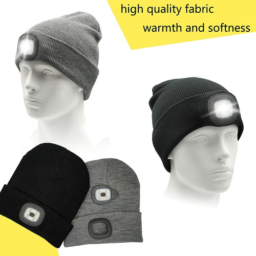 LED Beanie Hat with Light, Unisex USB Rechargeable Hands Free 4 LED Headlamp Cap, Winter Knitted Headlight, Men Gifts for Dad Husband (Gray) EasyOptionXY LLC