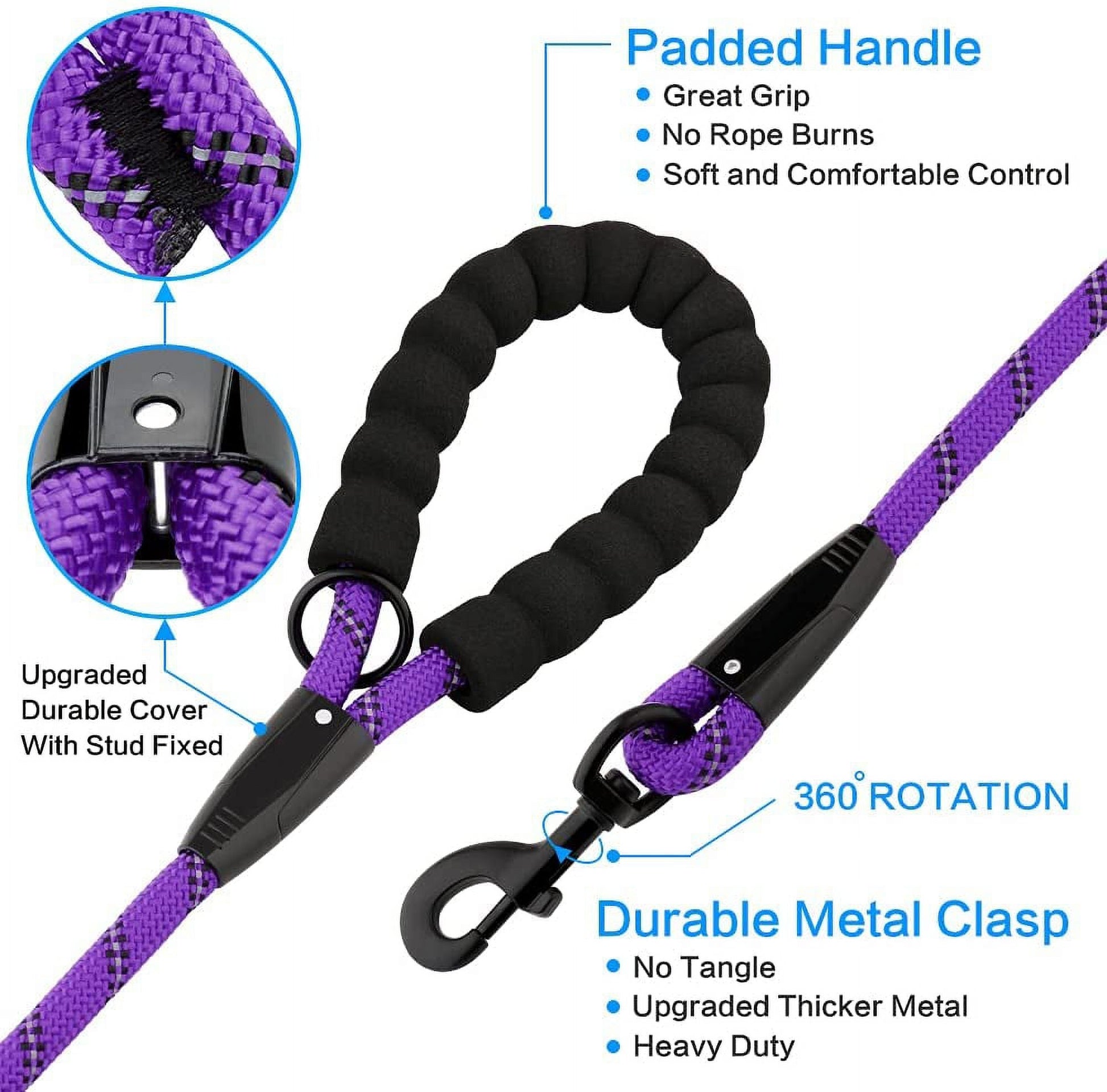 Rope Dog Leash, Heavy Duty Dog Leash with Comfortable Padded Handle and Highly Reflective Threads for Small Medium and Large Dogs, Purple EasyOptionXY LLC