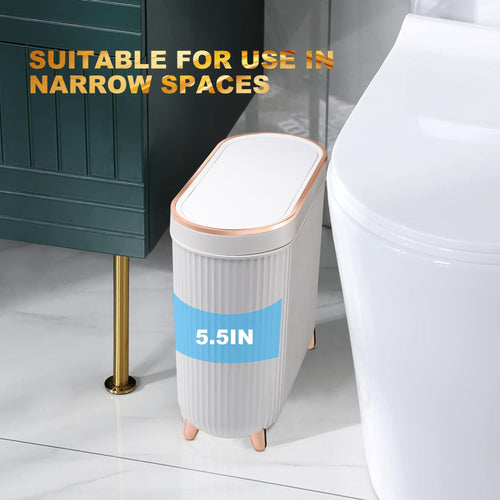 Bathroom Trash Can with Lid, 3.2 Gallon Slim Rubbish Bin Wastebasket, Rectangular Plastic Narrow Garbage Container Bin for Living Room, Kitchen, Toilet, Office(White) EasyOptionXY LLC