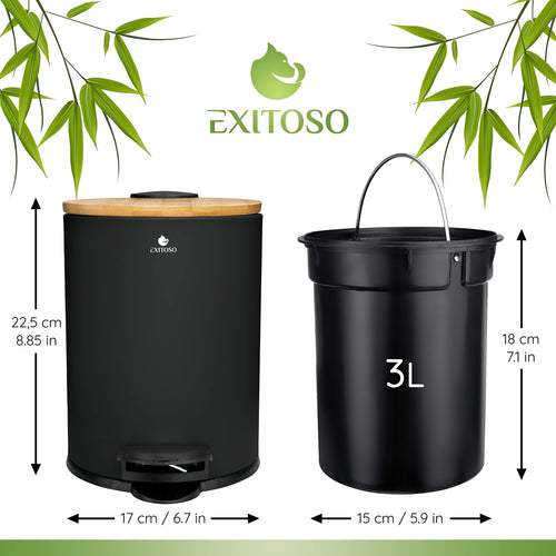 Exitoso? Bathroom Trash Can with Lid - Quiet Soft Close, Bamboo Lid, 0.8 gal (Black) EasyOptionXY LLC