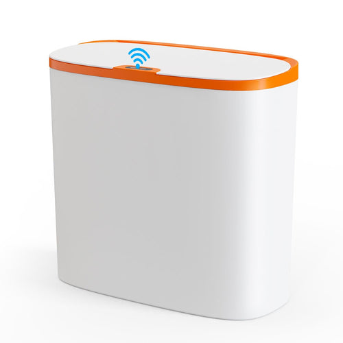 Automatic Sensor Trash Can with Lid: TINANA Waste Bin 3.2 Gallon Slimline for Bathroom, Bedroom, Kitchen, Office - White with Orange Trim EasyOptionXY LLC
