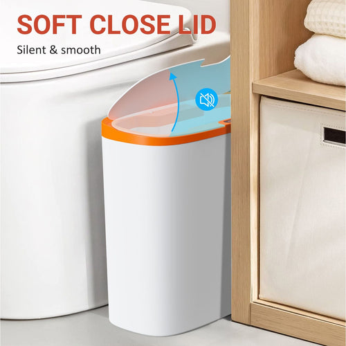 Automatic Sensor Trash Can with Lid: TINANA Waste Bin 3.2 Gallon Slimline for Bathroom, Bedroom, Kitchen, Office - White with Orange Trim EasyOptionXY LLC