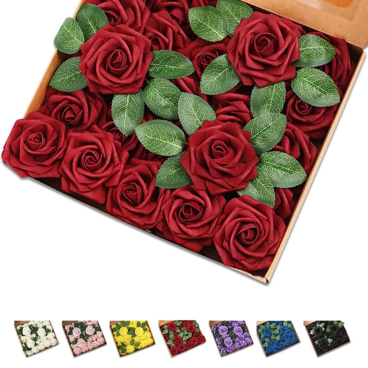 25 Pcs Artificial Rose Flowers, Foam Fake Flowers DIY Bouquets with Leaves and Stems for Wedding Party DIY Bouquets, Baby Shower, Home Decoration (Wine Red) EasyOptionXY LLC
