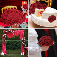 25 Pcs Artificial Rose Flowers, Foam Fake Flowers DIY Bouquets with Leaves and Stems for Wedding Party DIY Bouquets, Baby Shower, Home Decoration (Wine Red) EasyOptionXY LLC