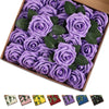 25 Pcs Artificial Rose Flowers, Foam Fake Flowers DIY Bouquets with Leaves and Stems for Wedding Party DIY Bouquets, Baby Shower, Home Decoration (Purple) EasyOptionXY LLC