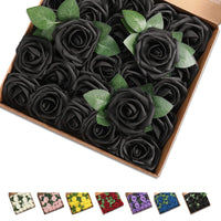25 Pcs Artificial Rose Flowers, Foam Fake Flowers DIY Bouquets with Leaves and Stems for Wedding Party DIY Bouquets, Baby Shower, Home Decoration (Black) EasyOptionXY LLC