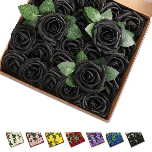 25 Pcs Artificial Rose Flowers, Foam Fake Flowers DIY Bouquets with Leaves and Stems for Wedding Party DIY Bouquets, Baby Shower, Home Decoration (Black) EasyOptionXY LLC