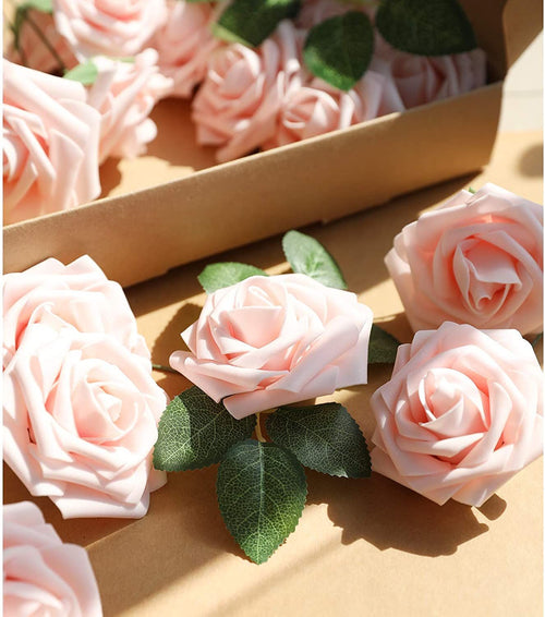 25 Pcs Artificial Rose Flowers, Foam Fake Flowers DIY Bouquets with Leaves and Stems for Wedding Party DIY Bouquets, Baby Shower, Home Decoration (Pink Champagne) EasyOptionXY LLC