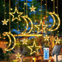 138 LED Solar Moon Star String Lights, Solar Curtain Lights with 8 Lighting Mode and Remote Control, Solar Powered Fairy String Lights for Patio Porch Window Backyard, Warm White EasyOptionXY LLC