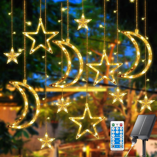138 LED Solar Moon Star String Lights, Solar Curtain Lights with 8 Lighting Mode and Remote Control, Solar Powered Fairy String Lights for Patio Porch Window Backyard, Warm White EasyOptionXY LLC