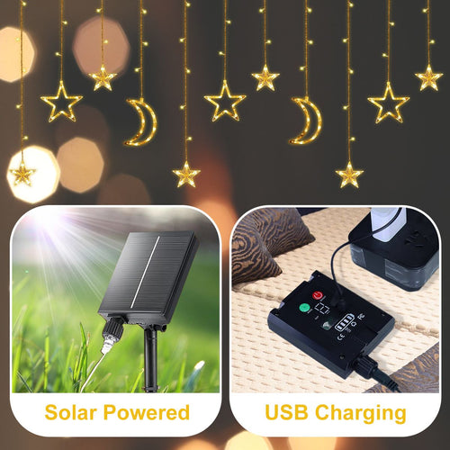 138 LED Solar Moon Star String Lights, Solar Curtain Lights with 8 Lighting Mode and Remote Control, Solar Powered Fairy String Lights for Patio Porch Window Backyard, Warm White EasyOptionXY LLC