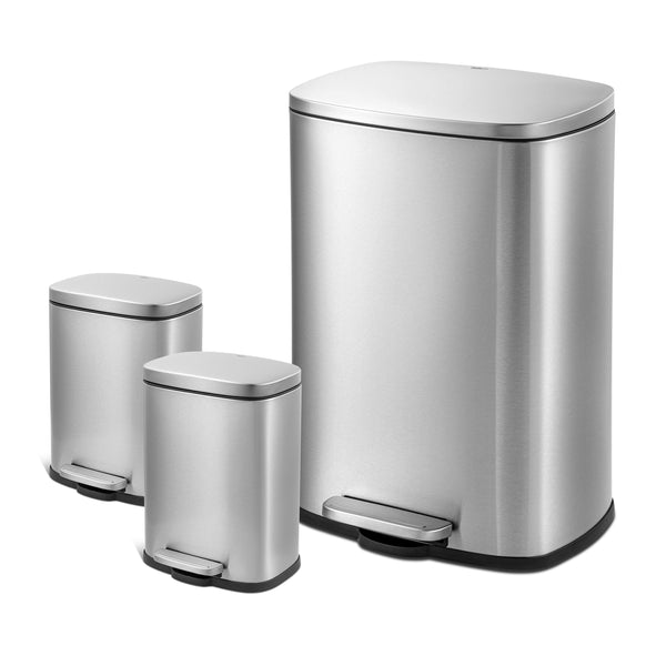 Qualiazero Rectangular Step Garbage Can 3 Piece Combo, 13.2 gal , Two 1.3 gal, Stainless Steel EasyOptionXY LLC