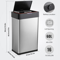 Silver Automatic Trash Can, Kitchen, Office, Bedroom Touchless Motion Sensor Trash Can Stainless Steel with Lid - 16 Gallon EasyOptionXY LLC