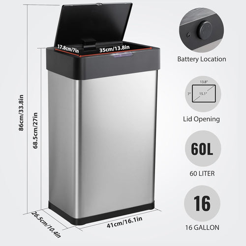 Silver Automatic Trash Can, Kitchen, Office, Bedroom Touchless Motion Sensor Trash Can Stainless Steel with Lid - 16 Gallon EasyOptionXY LLC