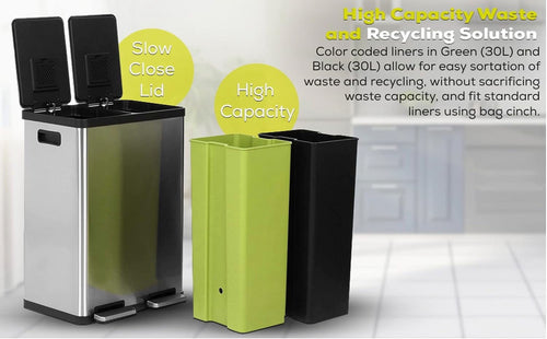 Simpli-Magic Dual Compartment Trash Can with Separate Foot Pedals Rectangular Stainless Steel Trash Bin, 60 L EasyOptionXY LLC