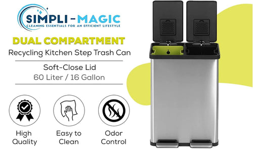 Simpli-Magic Dual Compartment Trash Can with Separate Foot Pedals Rectangular Stainless Steel Trash Bin, 60 L EasyOptionXY LLC