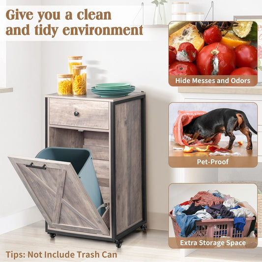 Ktaxon Trash Can Cabinet Tilt Out with Wheels, 10 Gallon Kitchen Island with Hidden Storage, Dog Food Storage, Garbage Hamper Pet Proof, Rustic Grey EasyOptionXY LLC