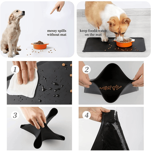 Silicone Dog Cat Bowl Mat, Non-Stick Dog Food Mat, Waterproof Pet Feeding Mat, Black (18.5" x 11.5") EasyOptionXY LLC