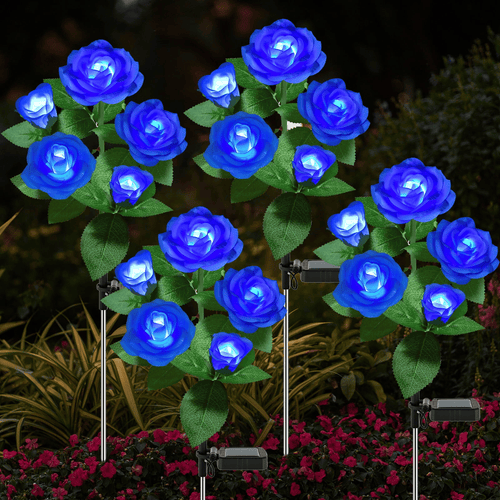 4 Pack Solar Solar Rose Flower Lights, Outdoor Solar Garden Stake Lights, Waterproof LED Solar Landscape Lights with 5 Rose Flowers for Pathway Patio Yard Decorations, Blue EasyOptionXY LLC